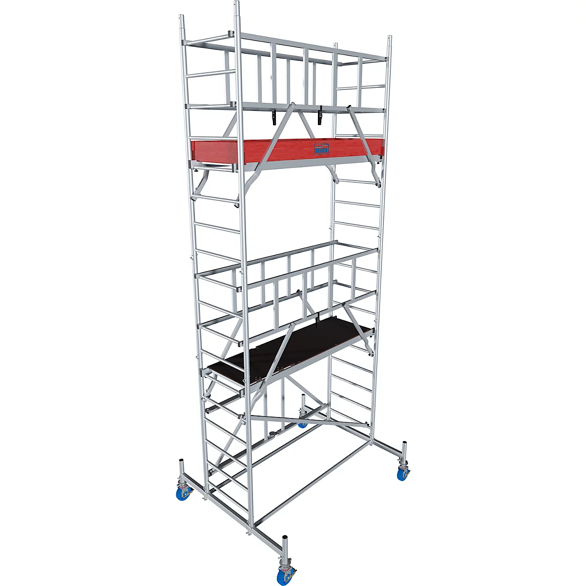 A silver scaffold with red accents, black platforms, and wheels on its feet, used for working at heights.