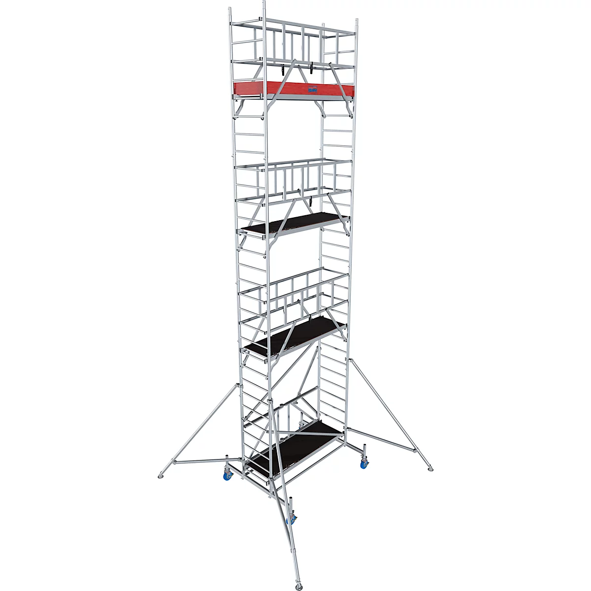 A tall, silver scaffold on wheels. It has several platforms and a red element at the top.