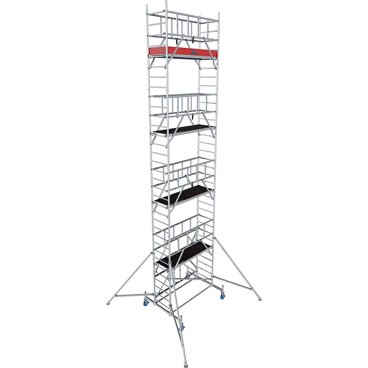 A tall, mobile scaffold with multiple work levels. It stands on wheels and has a red platform at the top.
