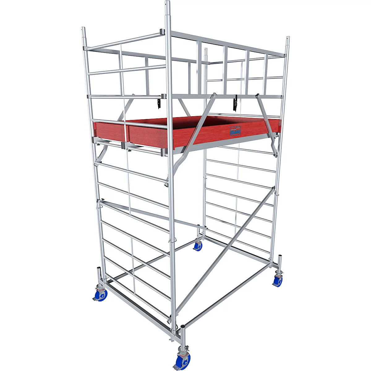 Metal scaffolding with red platform. Blue rolling wheels on the feet.