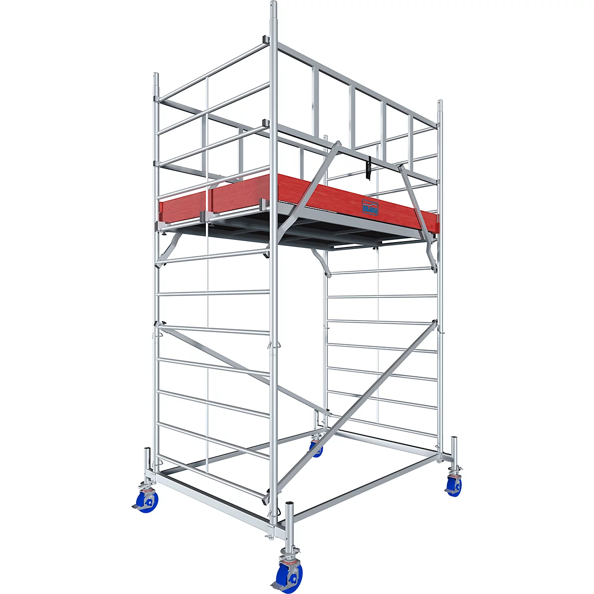 A silver scaffold on wheels, with a red platform in the middle.