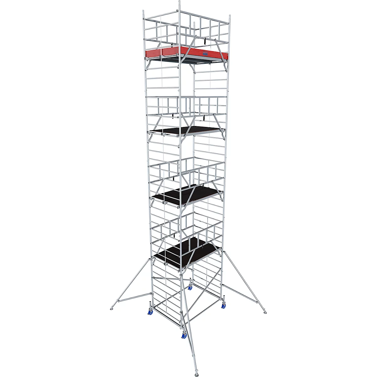 A tall metal scaffold with multiple work platforms. The top platform is red, the lower ones are black. The scaffold stands on wheels.
