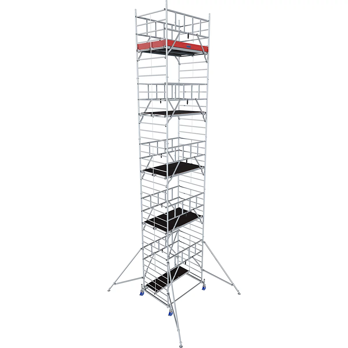 A tall mobile scaffold with multiple platforms, red and black surfaces. The background is white.