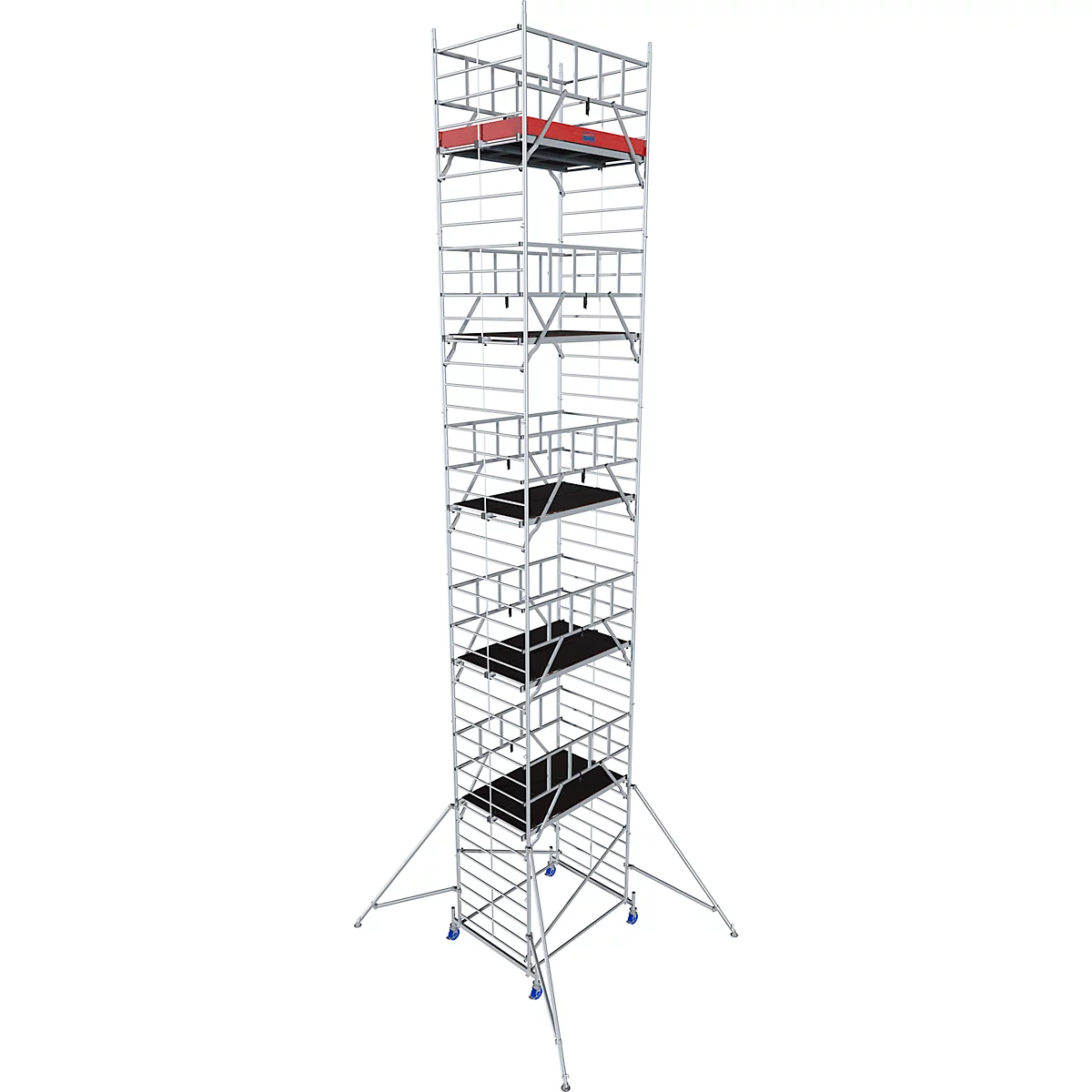 High metal scaffolding standing on wheels. Platforms black, one platform red.