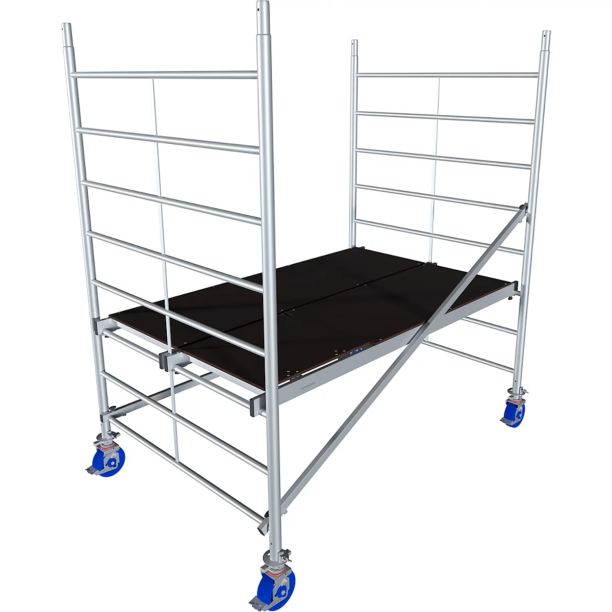 A silver mobile scaffolding with a black platform and blue wheels.