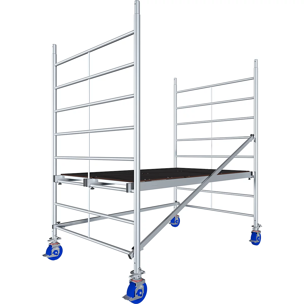 A scaffolding, silver colored, with a black platform, stands on four blue rollers. The construction is suitable for outdoor use.