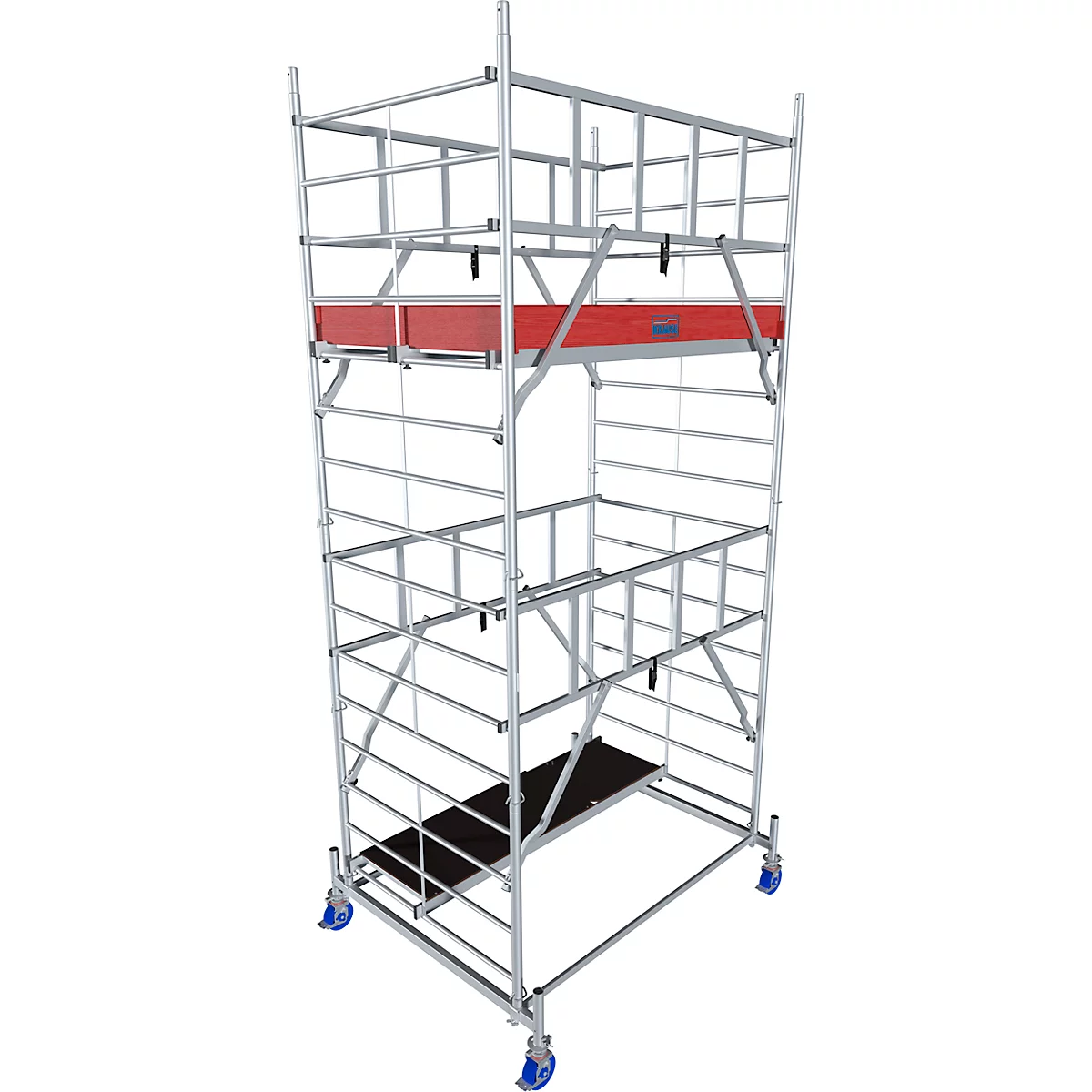 A silver scaffolding with a red platform and black floor, on blue-gray wheels.
