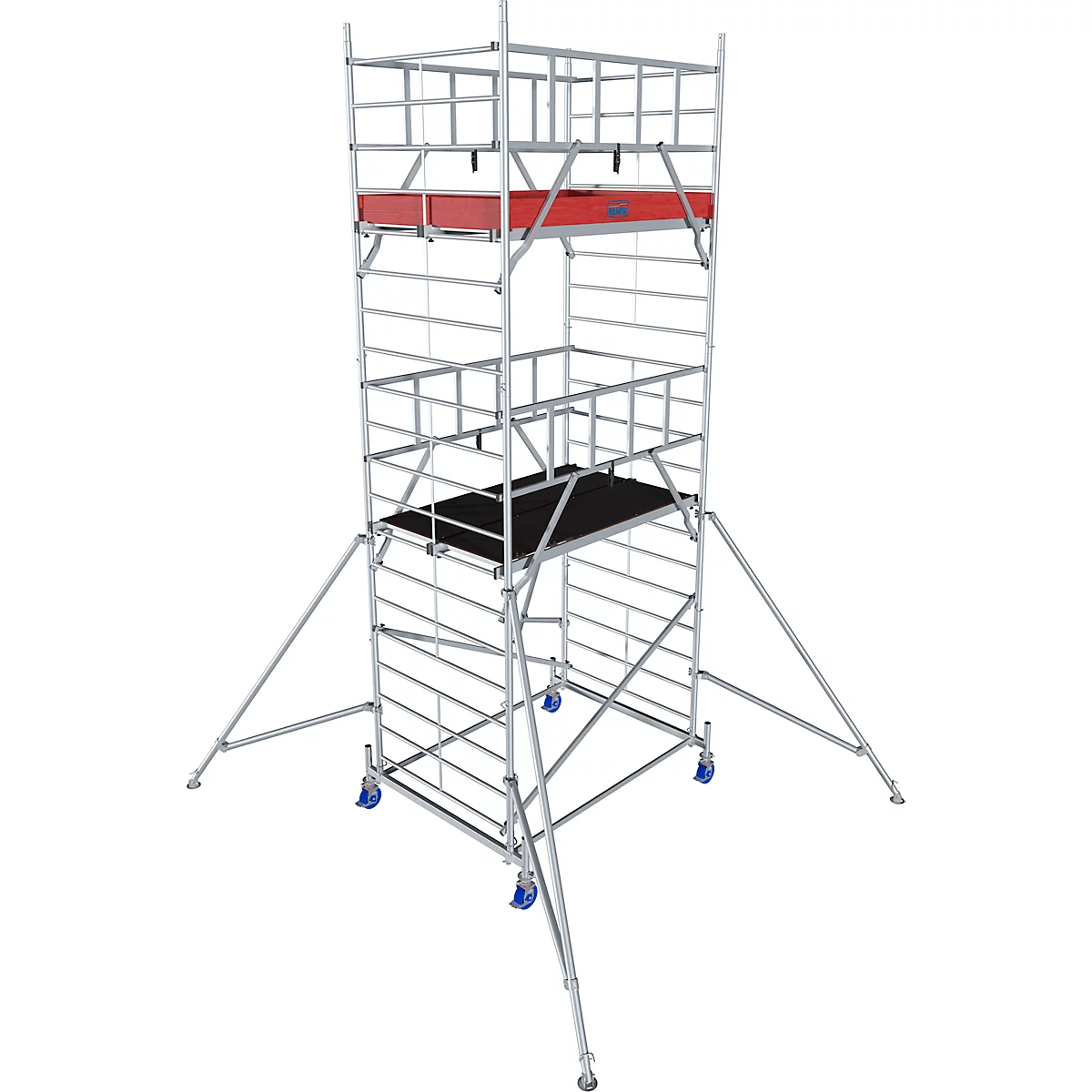 A tall, silver scaffolding. It has rollers and outriggers. On top a red shelf.