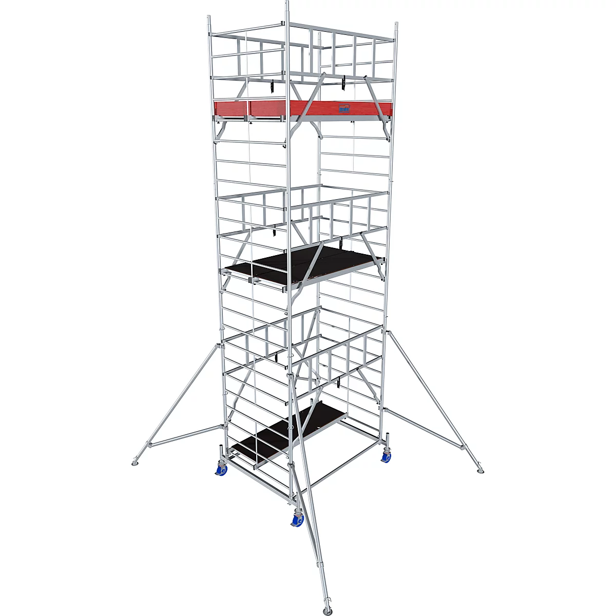 A tall, silver scaffolding structure. It has several platforms, a red bar and stands on wheels. Support legs widen the base.