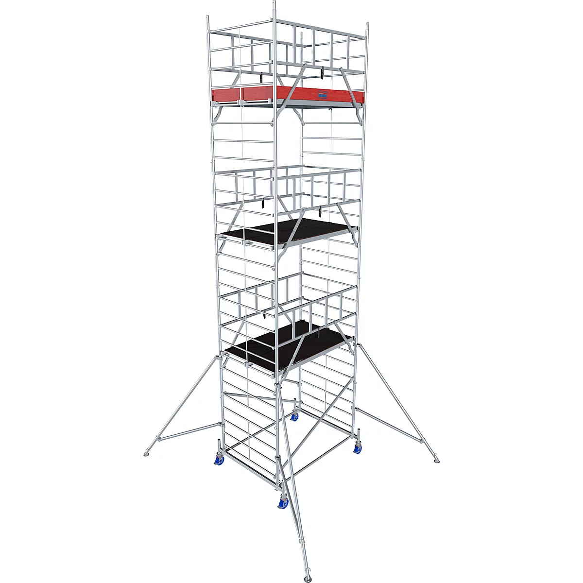 Scaffolding with multiple platforms at different heights, red and black. The scaffolding stands on wheels.