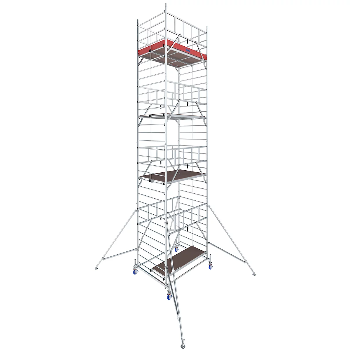 A tall, silver scaffolding with multiple platforms. The top one is red, the others brown. Wheels and support feet.