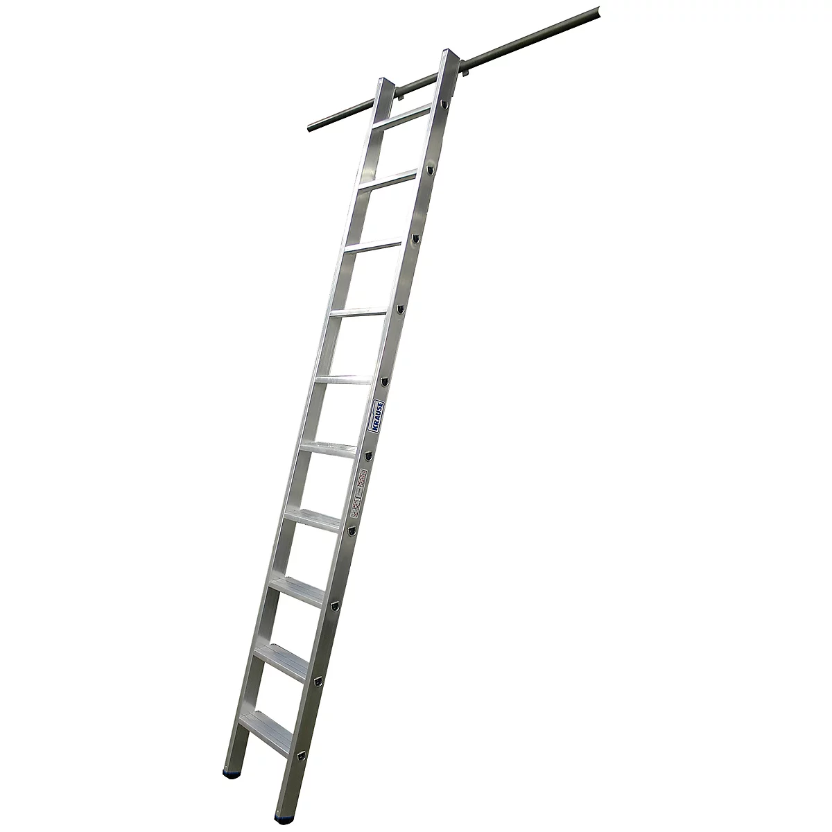 Aluminum ladder with rungs, leaning against a horizontal bar. Clearly visible: the rungs and the side rails.