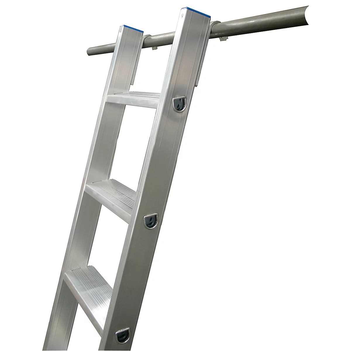 Close-up of a gray aluminum ladder hanging on a horizontal bar. Blue accents on the top ends of the stiles.