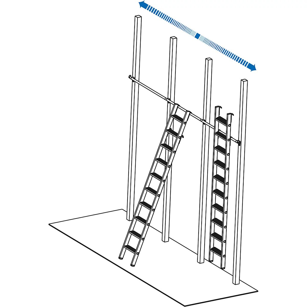 Construction drawing with a ladder attached to a wall, next to a second ladder.