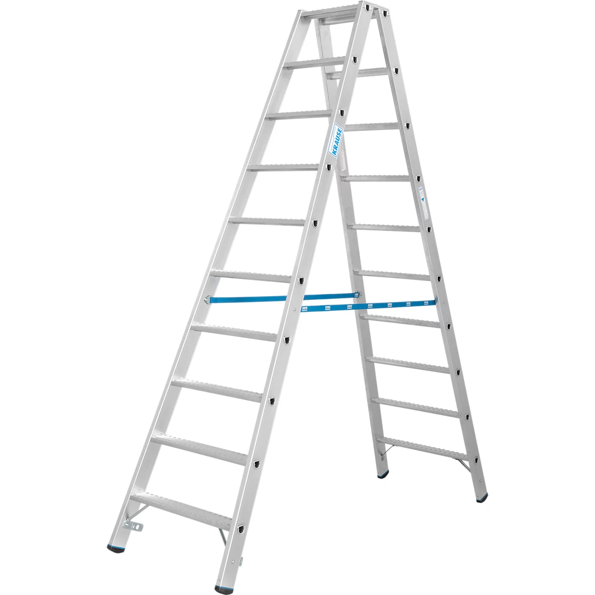 Zilveren vrijstaande ladder, open. Blauwe stutten verbinden de zijkanten. Opschrift: Kram
