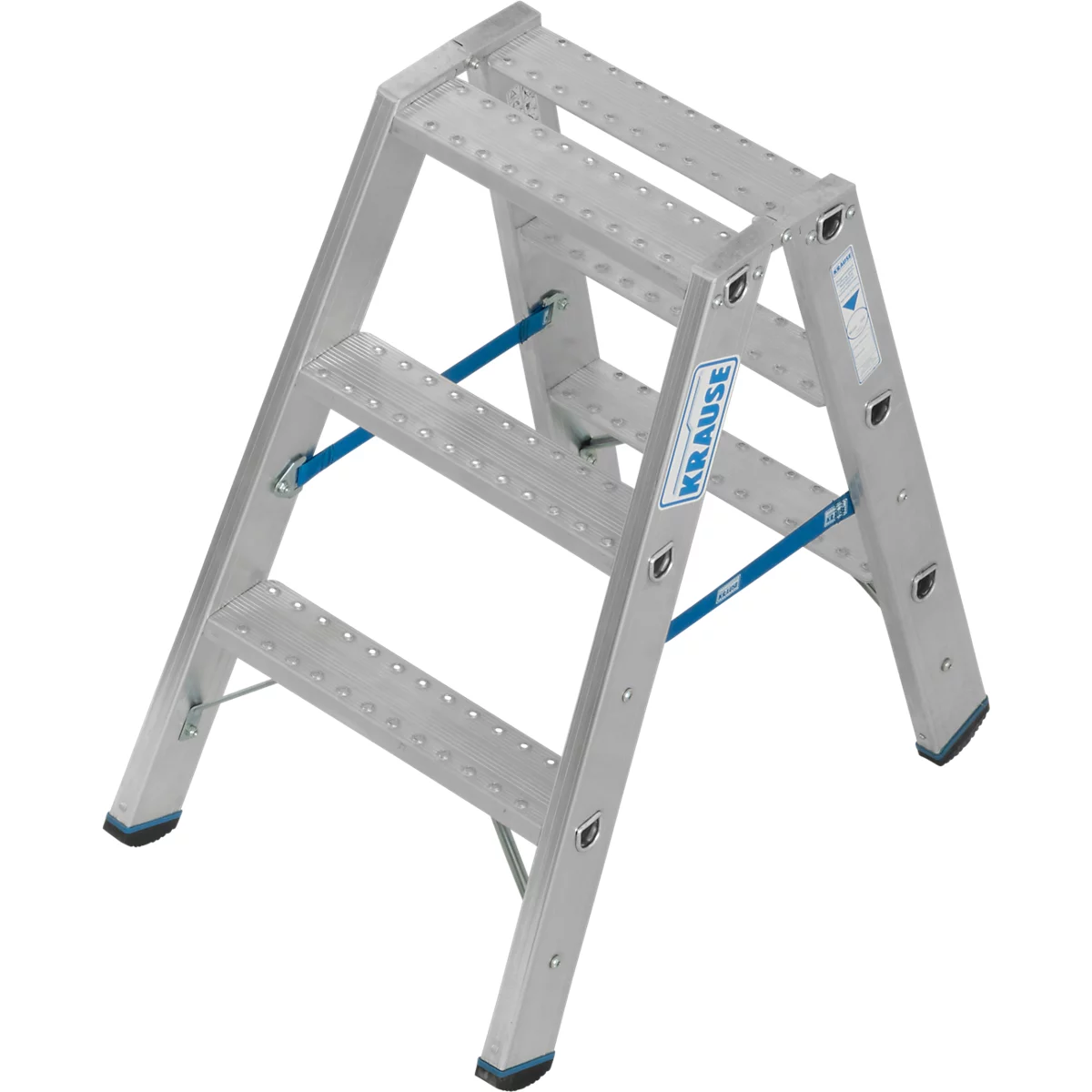 Aluminium opvouwbare ladder met drie treden. Blauwe stutten, label "KRAUSE".