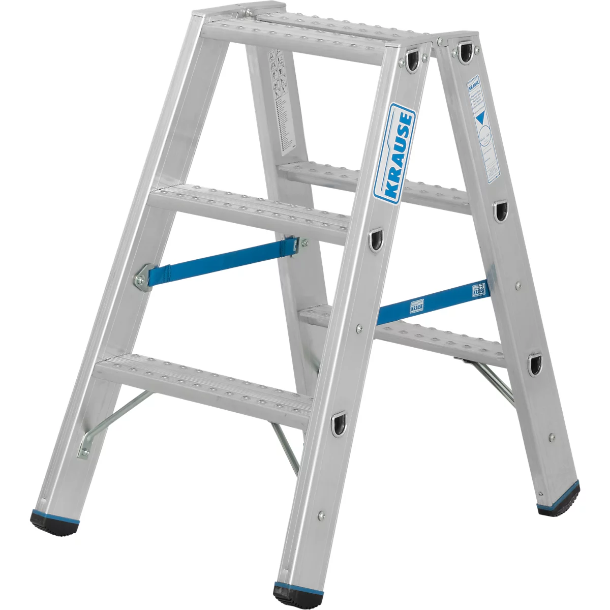 Zilveren trap met blauwe stutten en het 'Krause'-logo. De ladder staat stabiel op zwarte voeten.