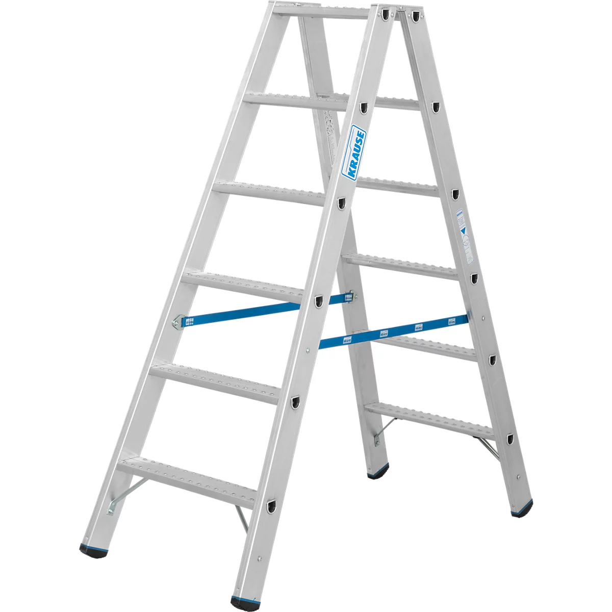 Zilveren trap op witte achtergrond. Blauwe stutten en logo.