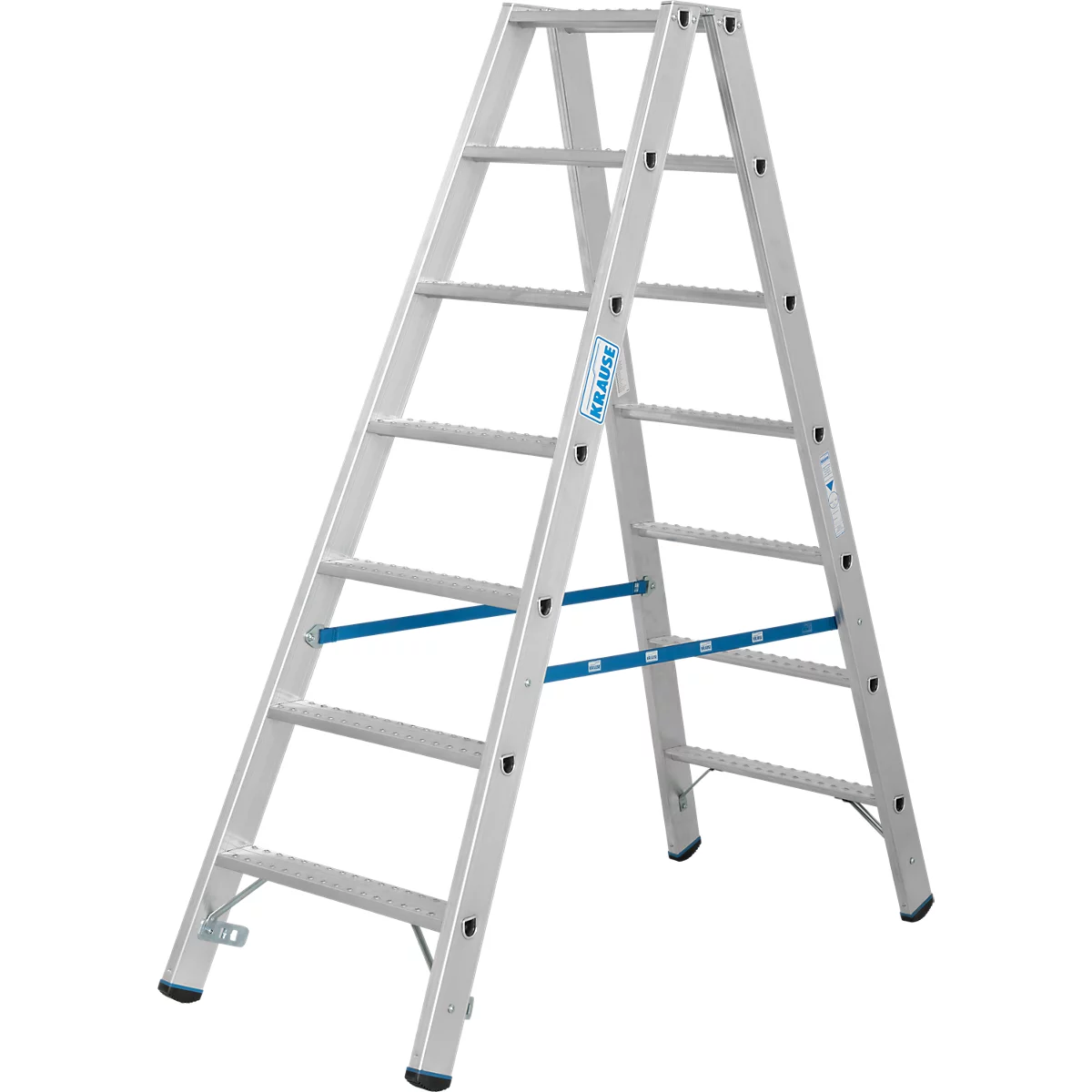 Een zilveren trap, open en geplaatst. Blauwe stutten verbinden de zijkanten, het 'KRAUSE'-logo is zichtbaar.