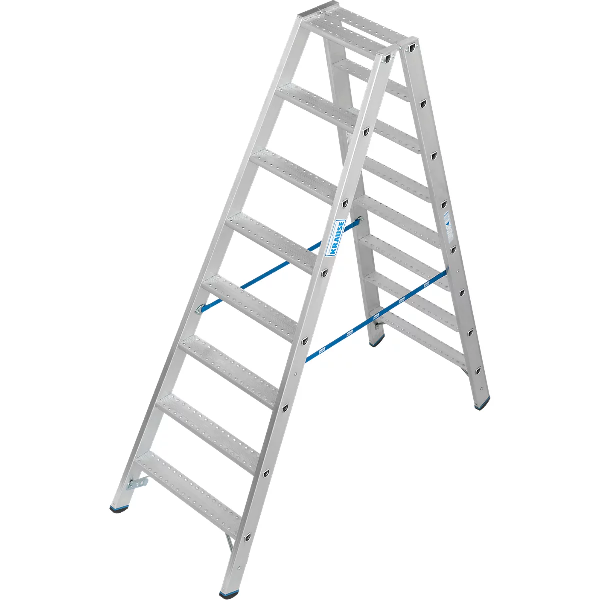 Zilveren, vrijstaande ladder; blauwe stutten verbinden de zijkanten, zwarte rubberen voeten.