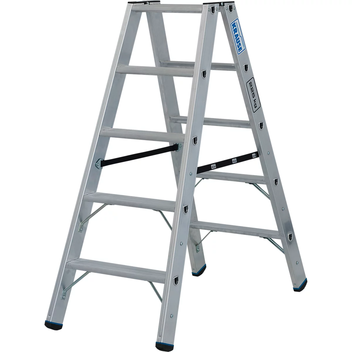Zilveren trap met vijf treden. Zwarte stutten verbinden de zijkanten. "KRAUSE" staat op de zijkant.