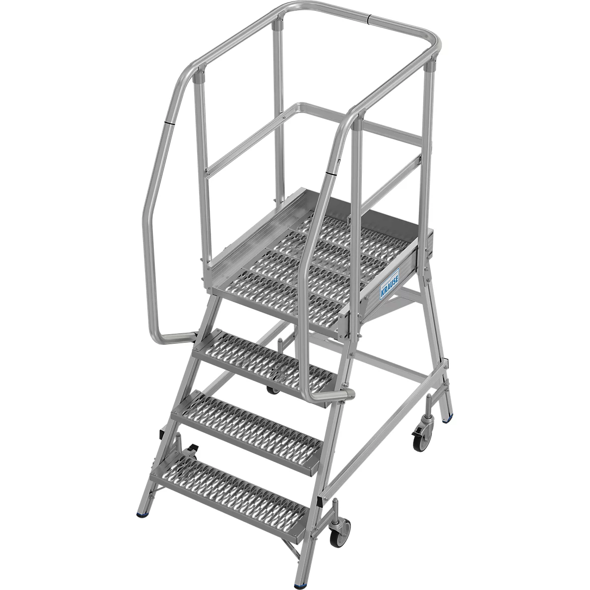 Zilveren rol ladder met leuningen. 4 treden leiden naar een platform, er is nog een leuning aan de bovenkant.