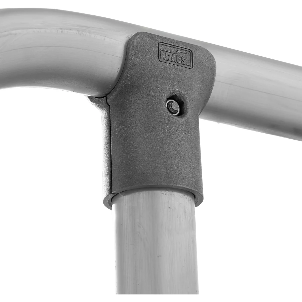 Grijze hoekconnector verbindt twee buizen. Op de connector is de tekst "KRAUSE" te zien.