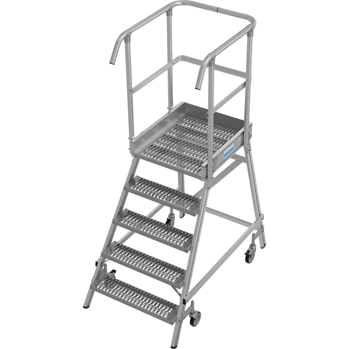 Zilveren rolstepladder met gaasstappen en reling.