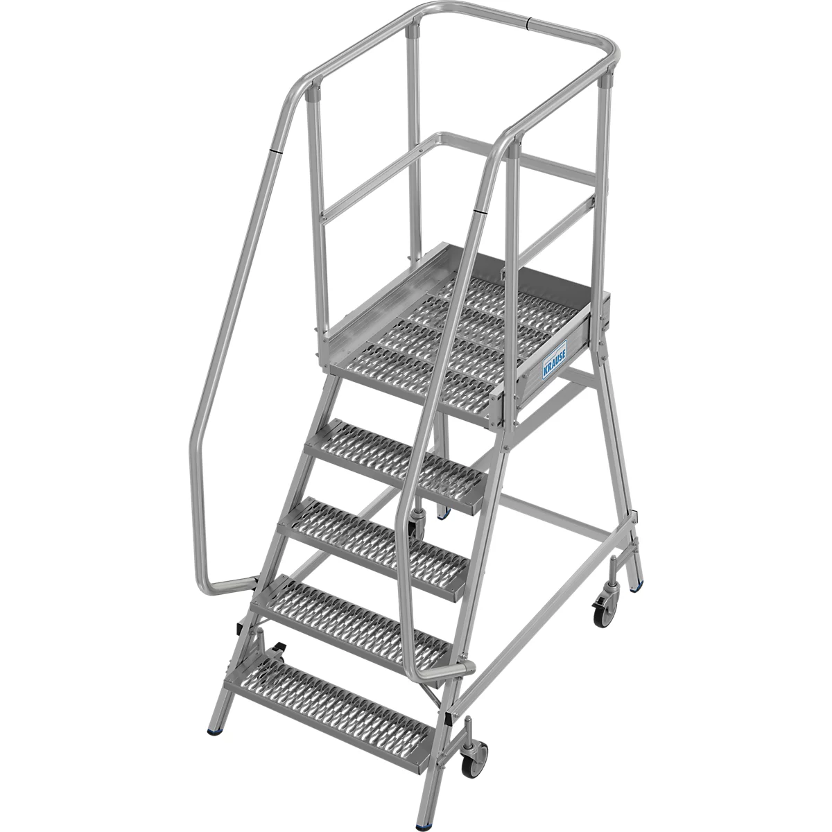 Zilveren rolstepladder met leuning. Op het platform is een belettering zichtbaar.