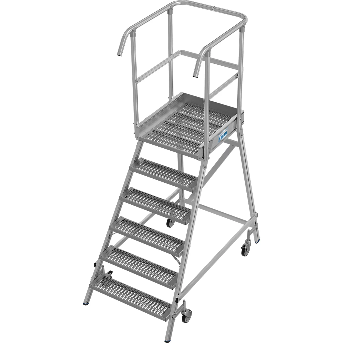 Een zilveren rolstepladder met wielen, platform en leuningen.