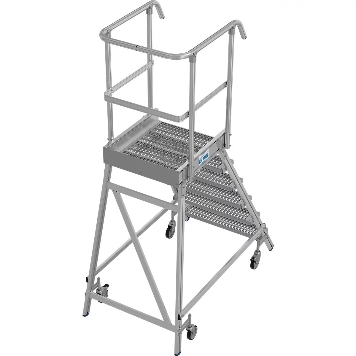 Grijze mobiele trap met roosterstappen en leuning, tegen een witte achtergrond.
