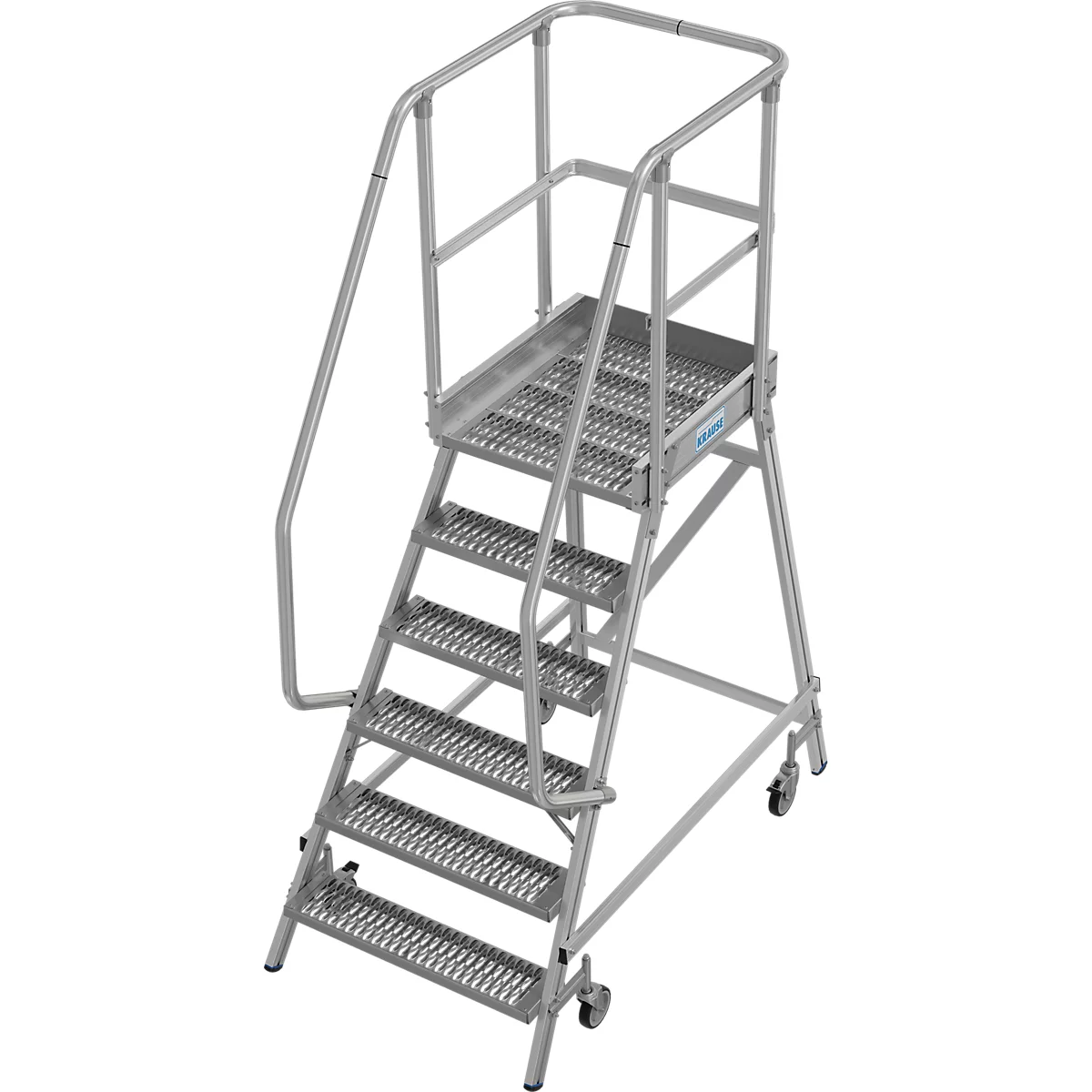 Zilveren rolstepladder met leuning en wielen. Toegang tot een platform met reling.