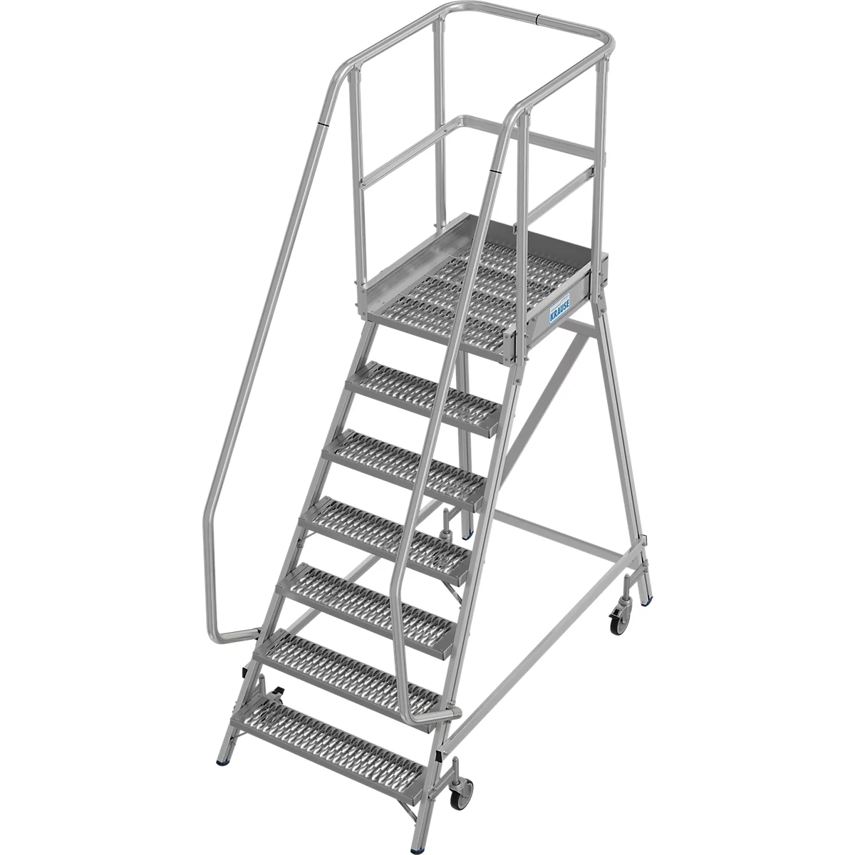 Grijze roltrap met leuning en platform.