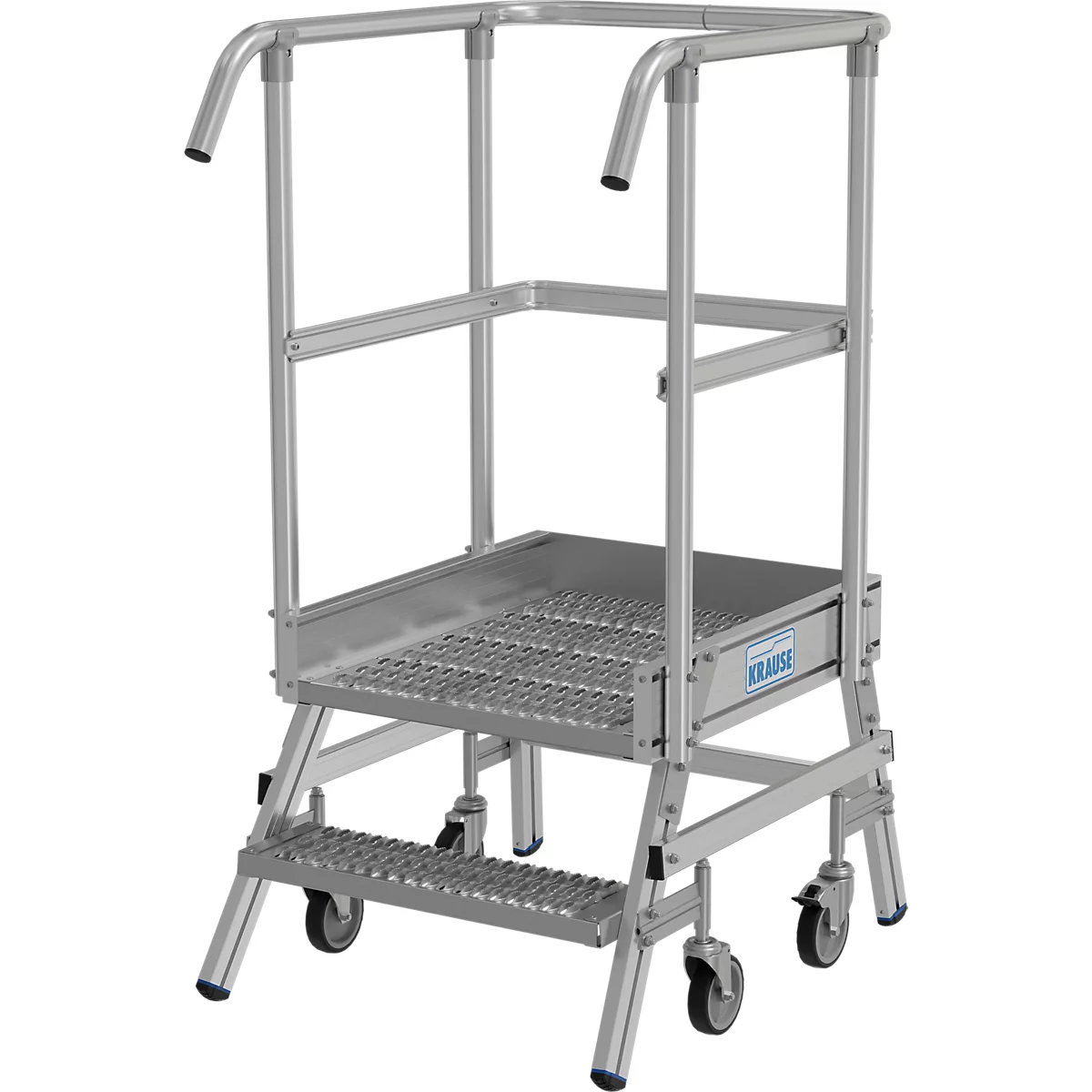 Aluminium-Podestleiter mit Sicherheitsgeländer und Rollen.