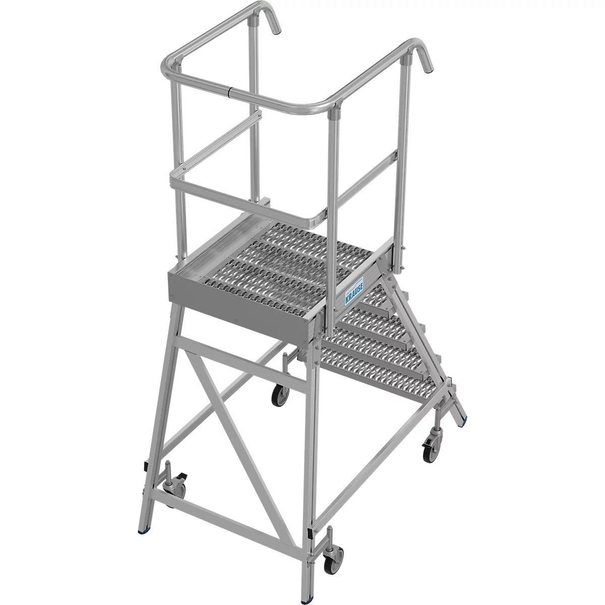 Aluminium-Stehleiter mit Plattform, Geländer und Rollen.