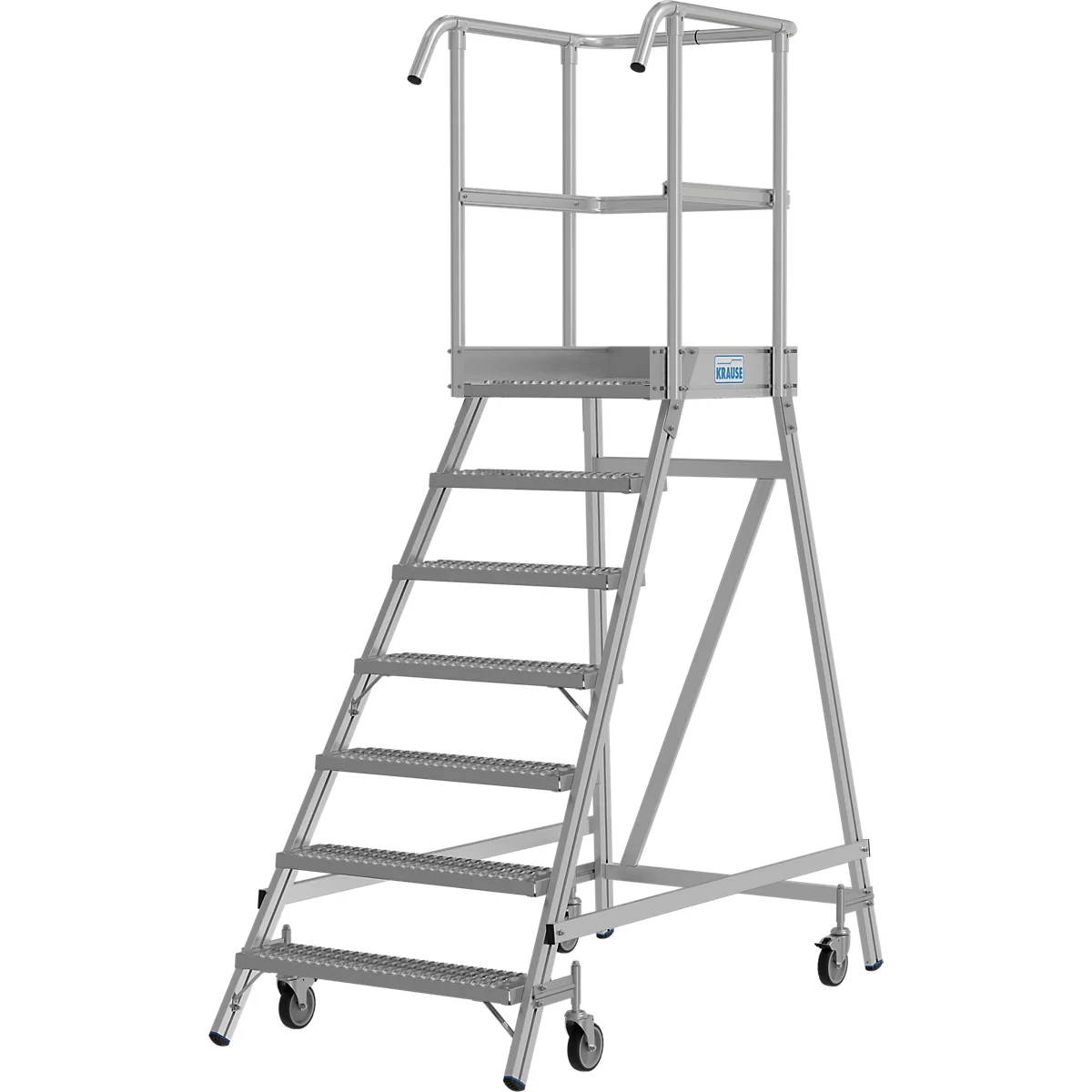 Aluminium-Stehleiter mit Plattform, Geländer und Rollen, freistehend.