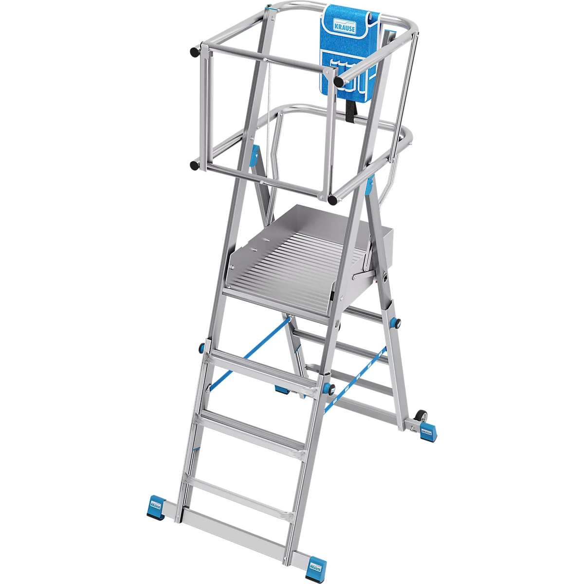 Aluminium trap met platform en blauwe accessoires. De trap heeft een ladder- en een platformzijde. Een blauwe opbergdoos is bevestigd.