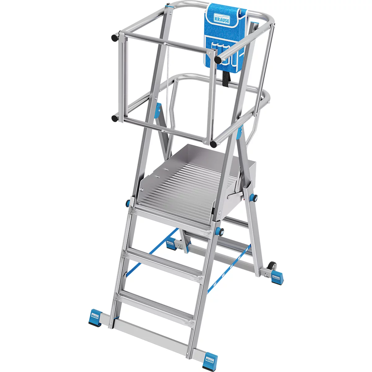 Detailopname van een ladder. Een blauw wiel met een zwarte handgreep en het Krause-logo.