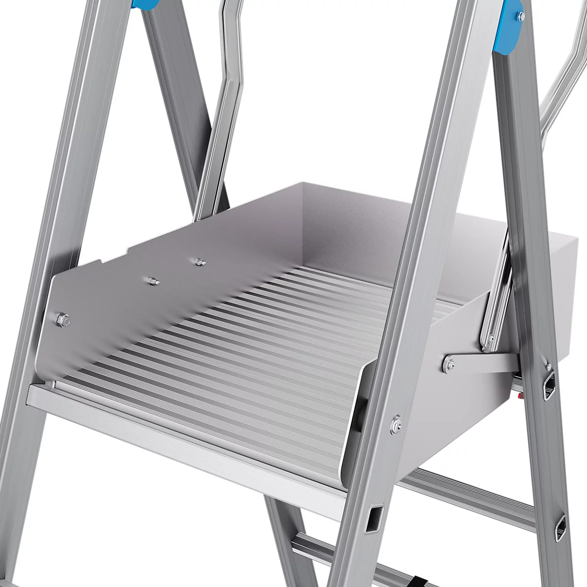 Aluminium platform met reling en platform. Blauw detail. Opschrift.