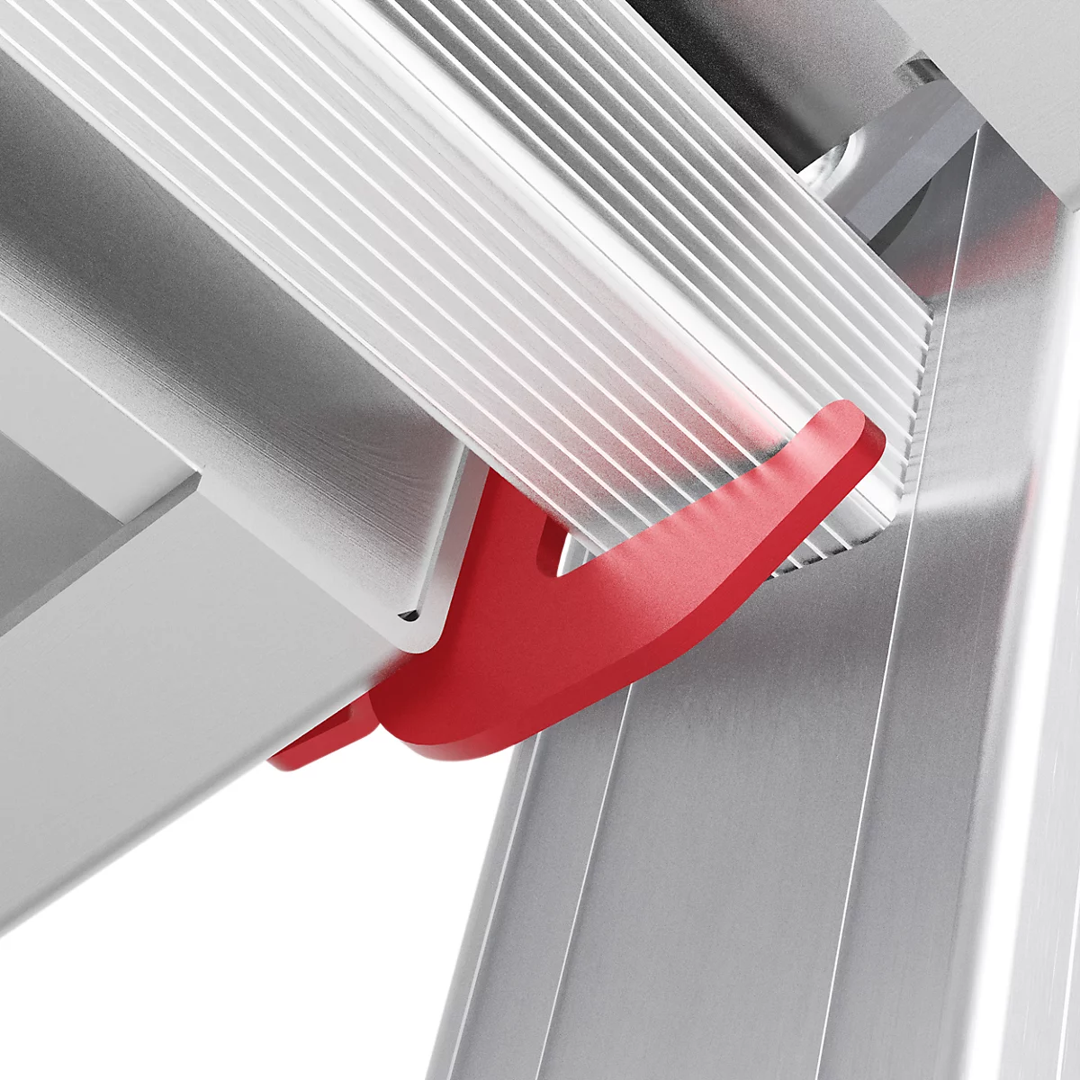 Detailopname van een ladder. Rode vergrendelingshendel zet sporten vast.