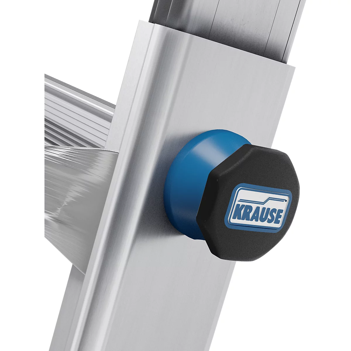 Gros plan d'une échelle. Bouton bleu, capuchon noir avec logo Krause, fixé à une partie d'échelle argentée.