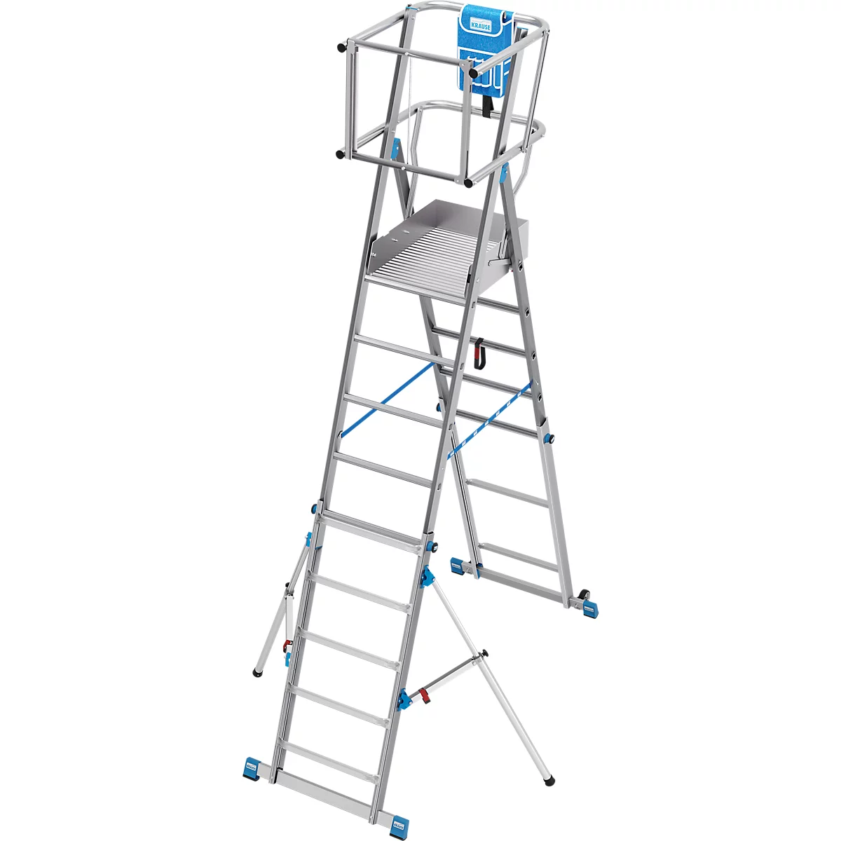 Hoge, zilveren werkplatform met reling, platform en geïntegreerde ladder.