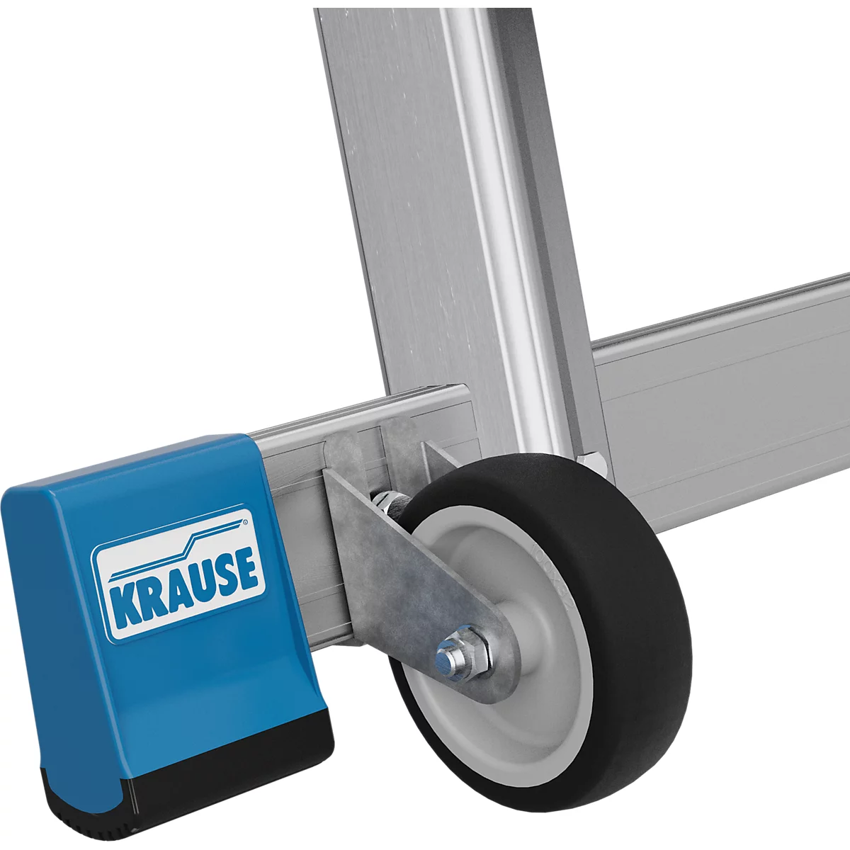 Detailopname van een ladder met een wiel en een blauwe beschermer met de tekst KRAUSE.