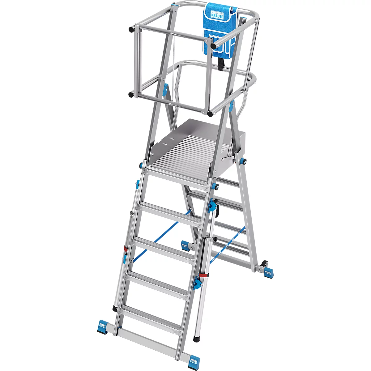 Aluminium-Stehleiter mit Plattform und Geländer, blau akzentuiert. Ein blaues Etui ist befestigt.