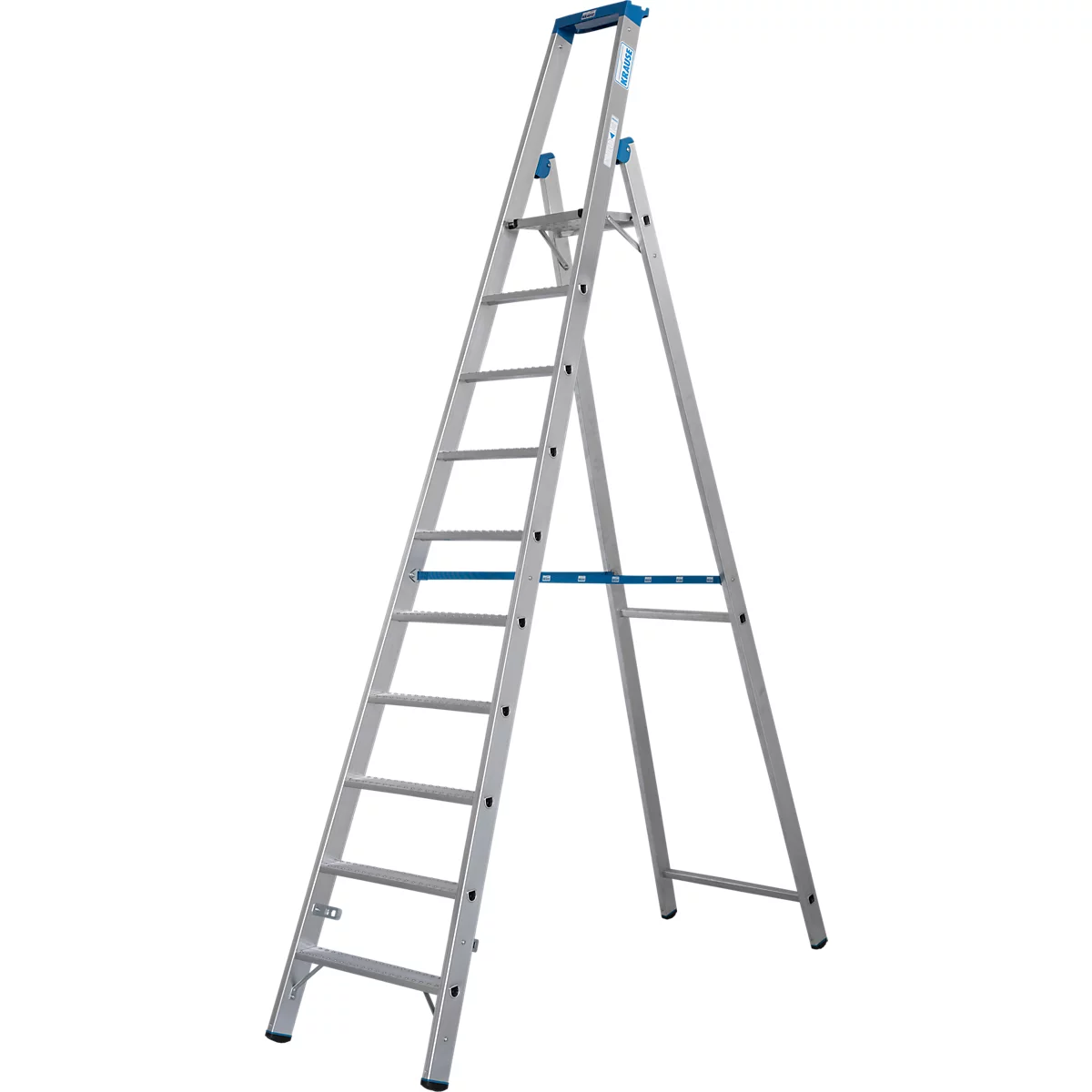 Silberne Stehleiter, blau akzentuiert. Zwei Seitenteile, Sprossen, oberer Haltegriff und Streben.