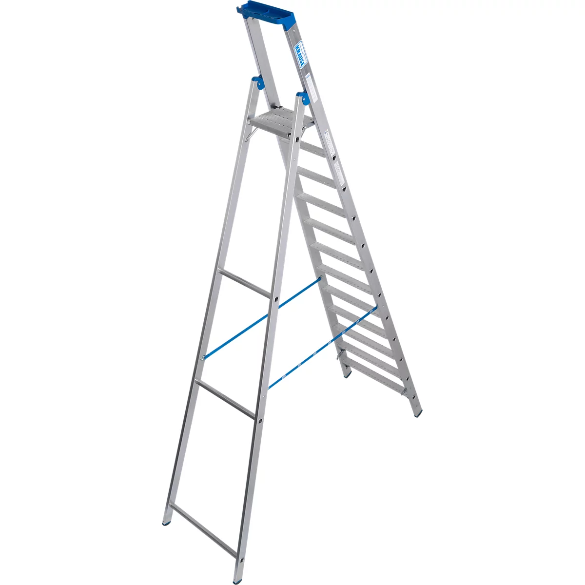 Eine silberne Trittleiter, blau akzentuiert. Die Leiter ist freistehend und besteht aus mehreren Sprossen.