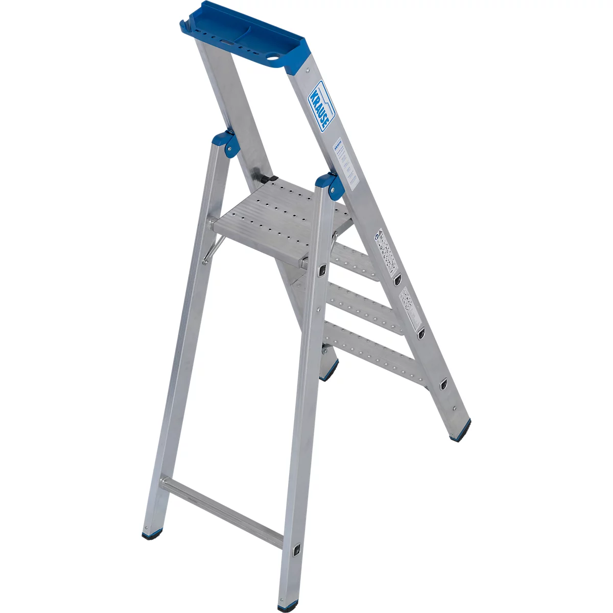 Silberne Trittleiter, blaues oberes Geländer, perforierte Standfläche. Aufschrift: Krause.