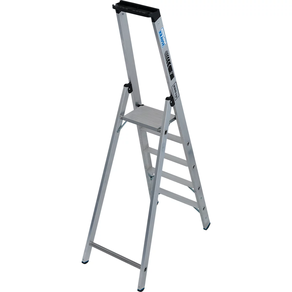 Eine silberne Trittleiter aus Metall; breite, schwarze Trittfläche oben. Logo auf dem Rahmen.