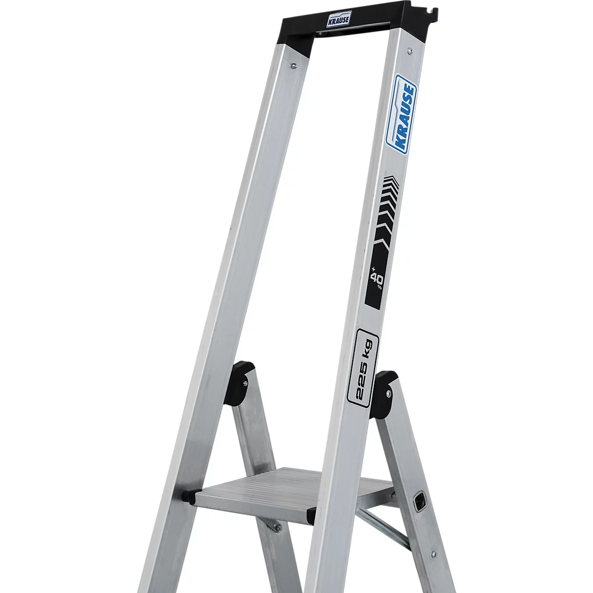 Aluminium-Stehleiter. Aufdruck: Krause, 225 kg, 40. Mit Plattform und schwarzem Bügel.