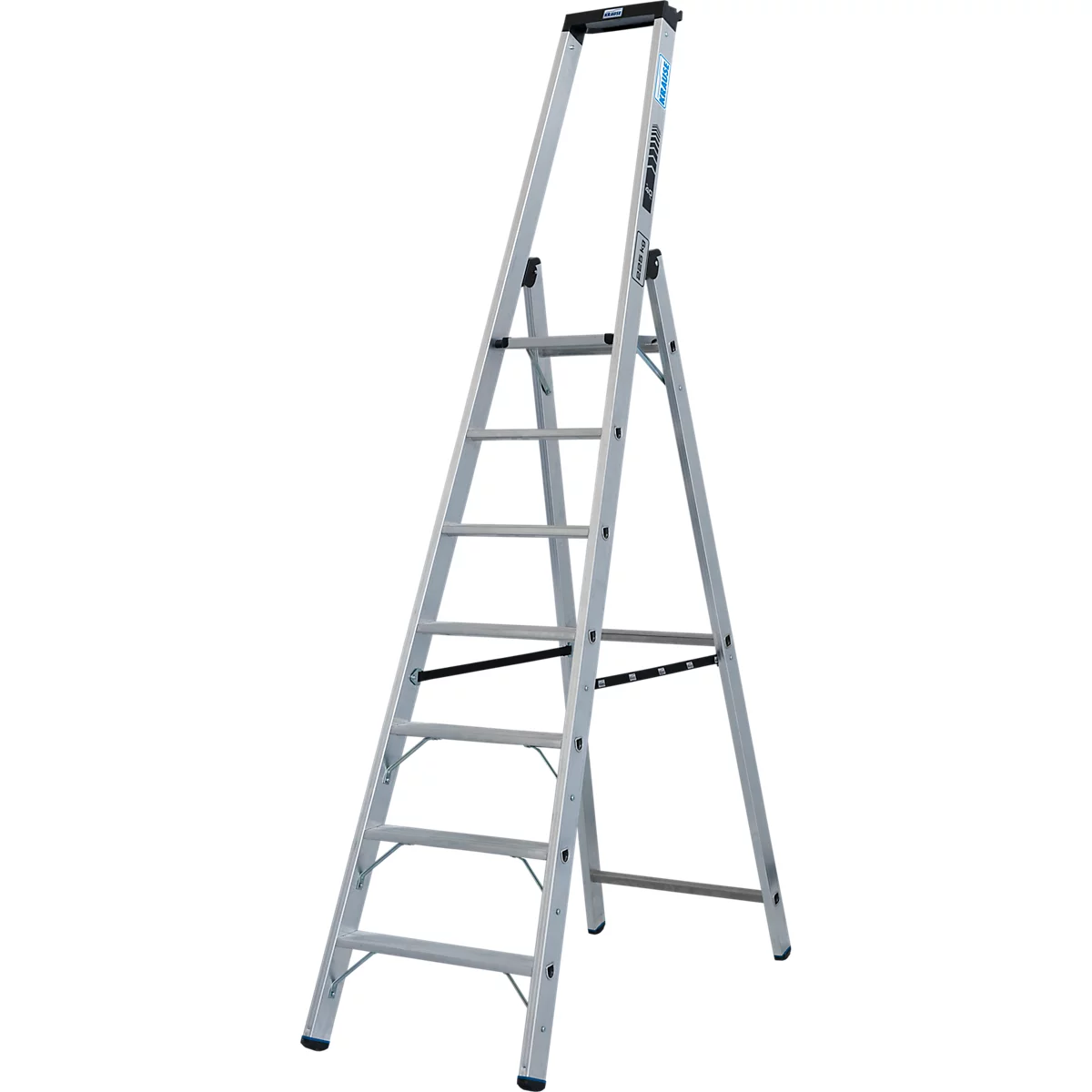 Silberne Stehleiter vor weißem Hintergrund. Mit 7 Stufen, oben mit Griff.